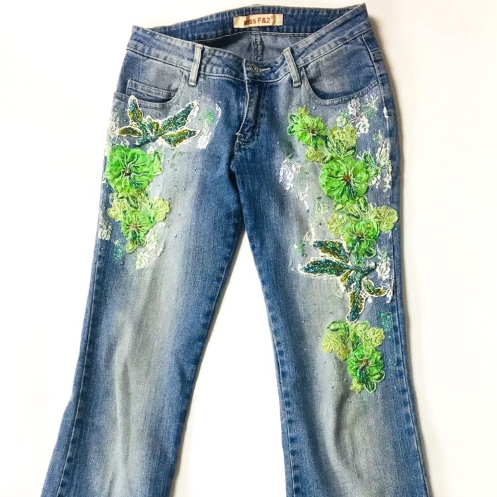 Flower Embroidery Womens Denim Jeans Size Large